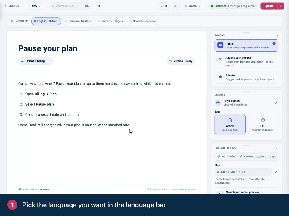 Screen recording. Pick the language you want in the language bar. Click Auto-translate. Review the translation, then click Apply translation. Turn on Released when it reads well.