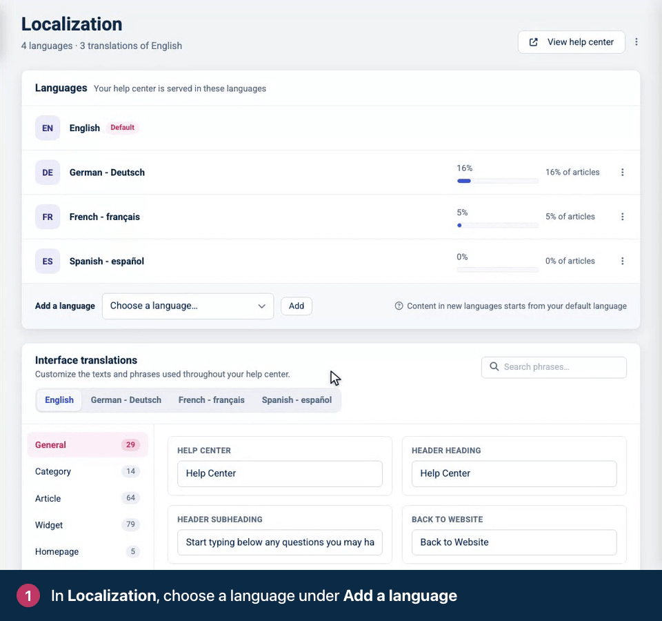 Screen recording. In Localization, choose a language under Add a language. Click Add. The new language joins the list.