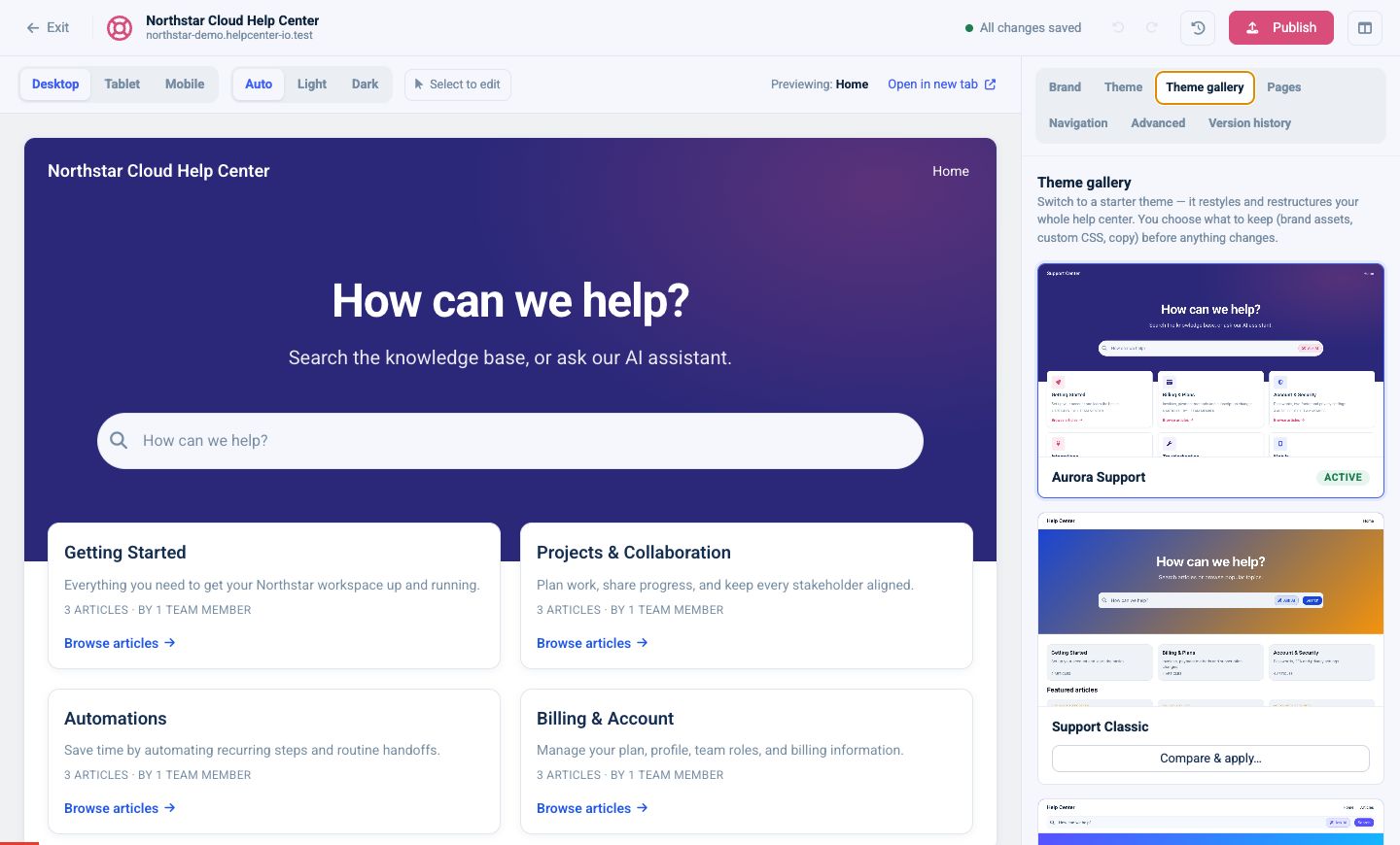 Theme gallery with the active Aurora Support theme and other starter designs