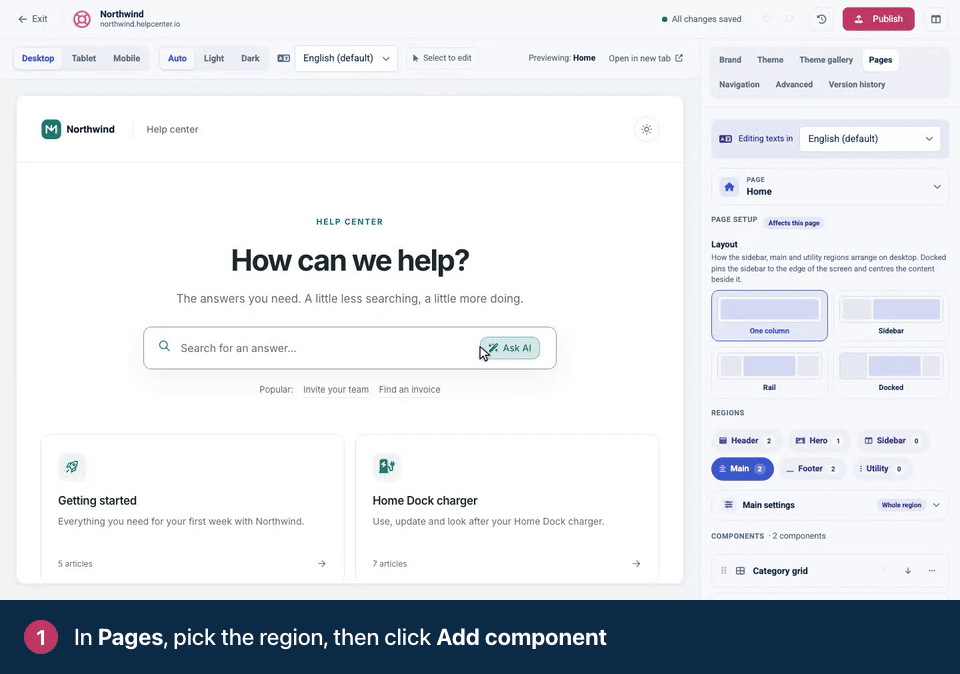 Screen recording. In Pages, pick the region, then click Add component. Search for a component and click it. Its settings open. Click Main to go back to the list. Move it with the arrows, or drag the handle.