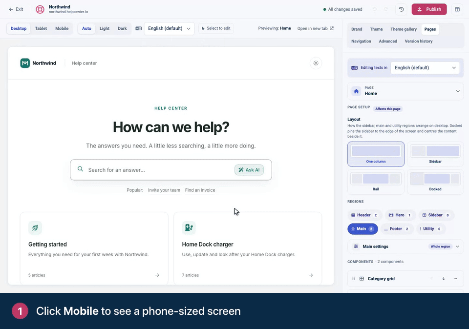 Screen recording. Click Mobile to see a phone-sized screen. Click Dark to check dark mode. Tablet and Desktop work the same way.