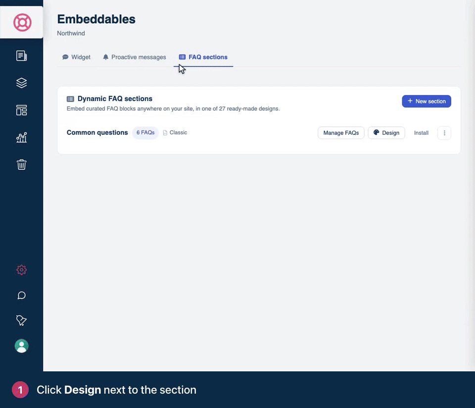 Screen recording. Click Design next to the section. Pick a template. Each one shows your own questions. In Style, enter your brand color. Click Save design. The design is live wherever the section is embedded.