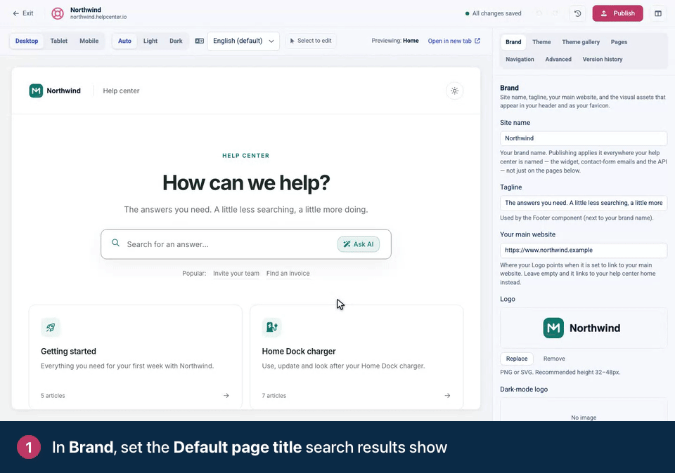 Screen recording. In Brand, set the Default page title search results show. Write a short Meta description. Hide from search engines keeps the whole help center out of Google.