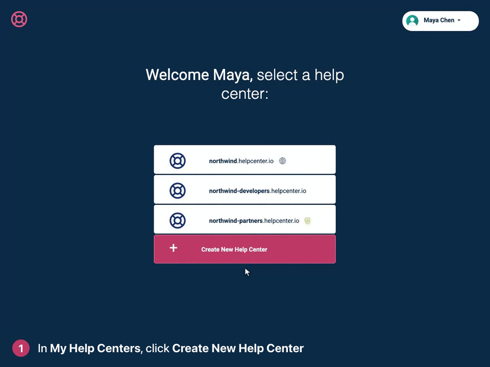 Screen recording. In My Help Centers, click Create New Help Center. Choose its subdomain and click Create. Each help center is its own subscription. Confirm to create it.
