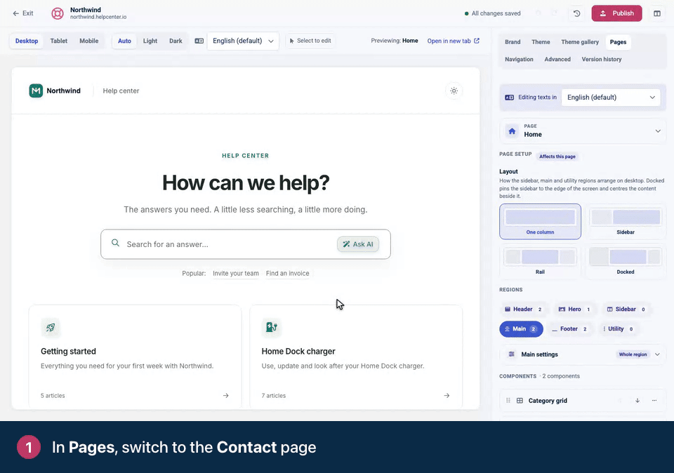 Screen recording. In Pages, switch to the Contact page. Click Contact form to edit it. Add a Recipient email, and the amber notice over the form in the preview goes away.