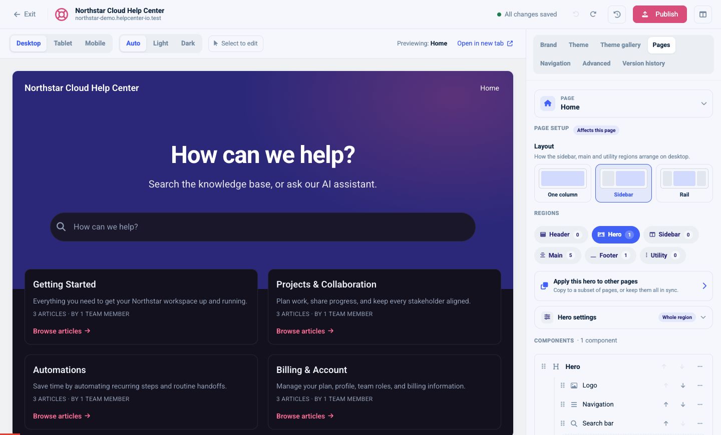 Hero region containing nested Logo, Navigation, and Search bar components