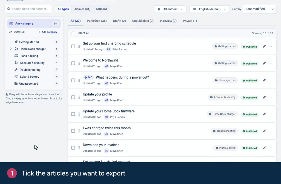 Screen recording. Tick the articles you want to export. Click Export as PDF. We email you a download link.