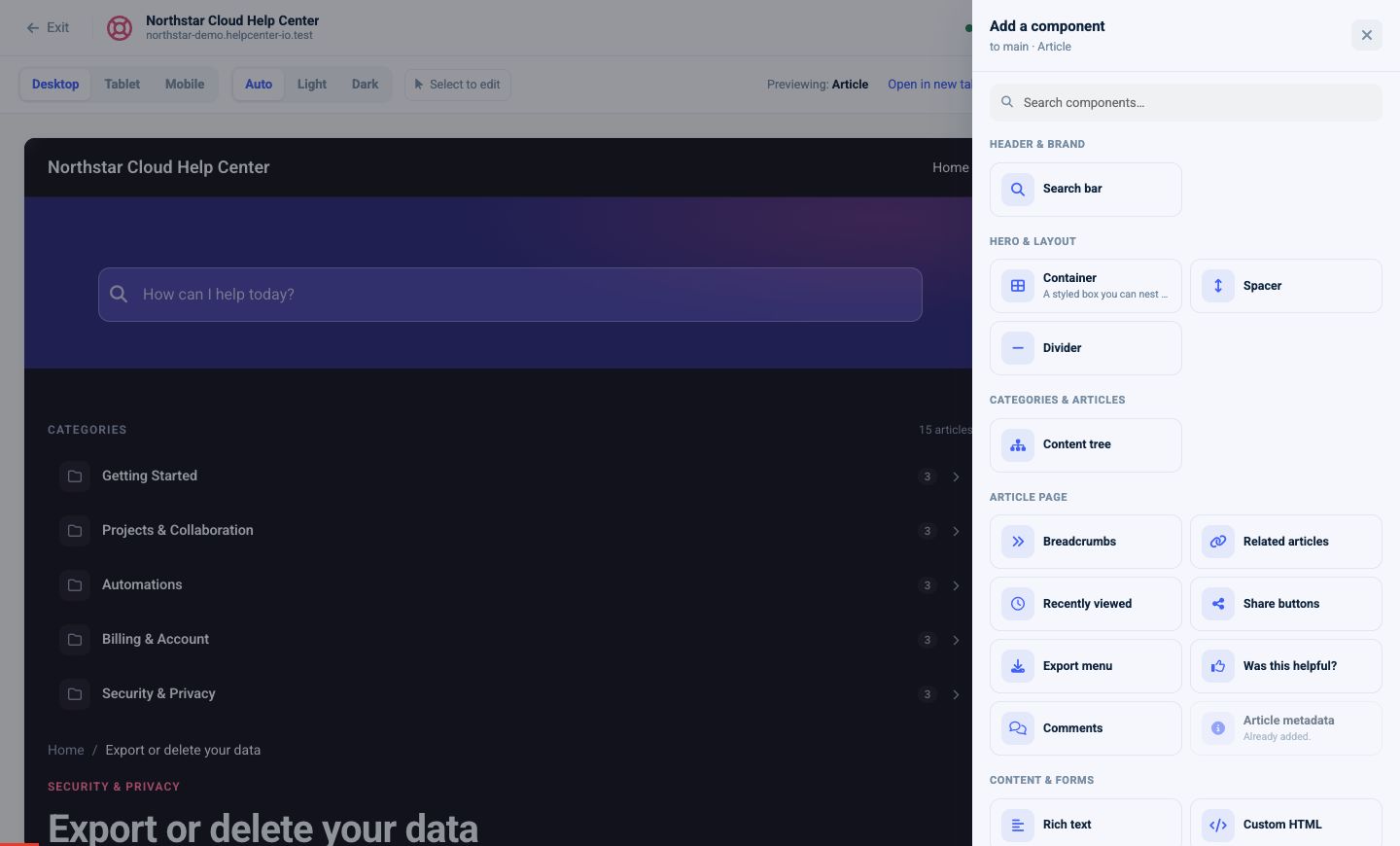 Article page component library with navigation, engagement, content, and layout components