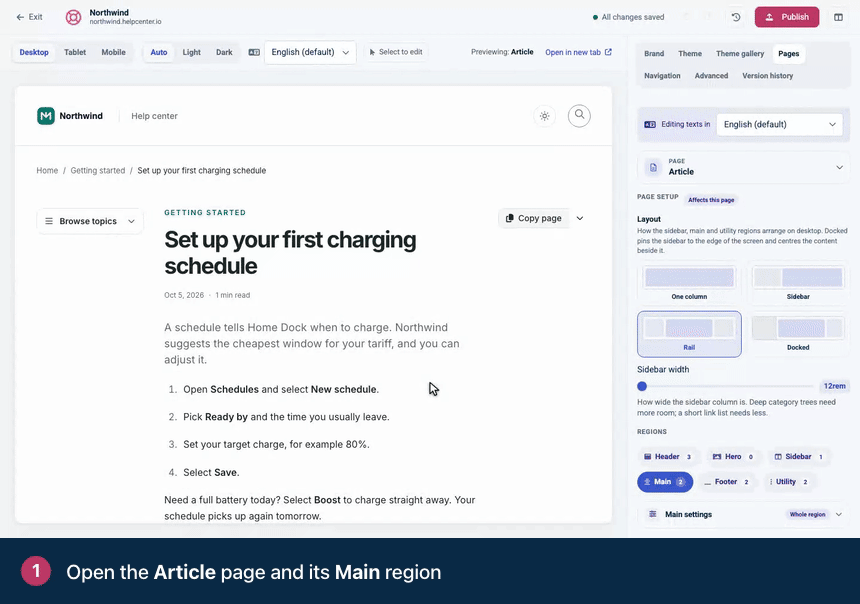 Screen recording. Open the Article page and its Main region. Click Add to "After the article" and pick Comments. The comment form appears below the article. Click Publish to put it on every article.
