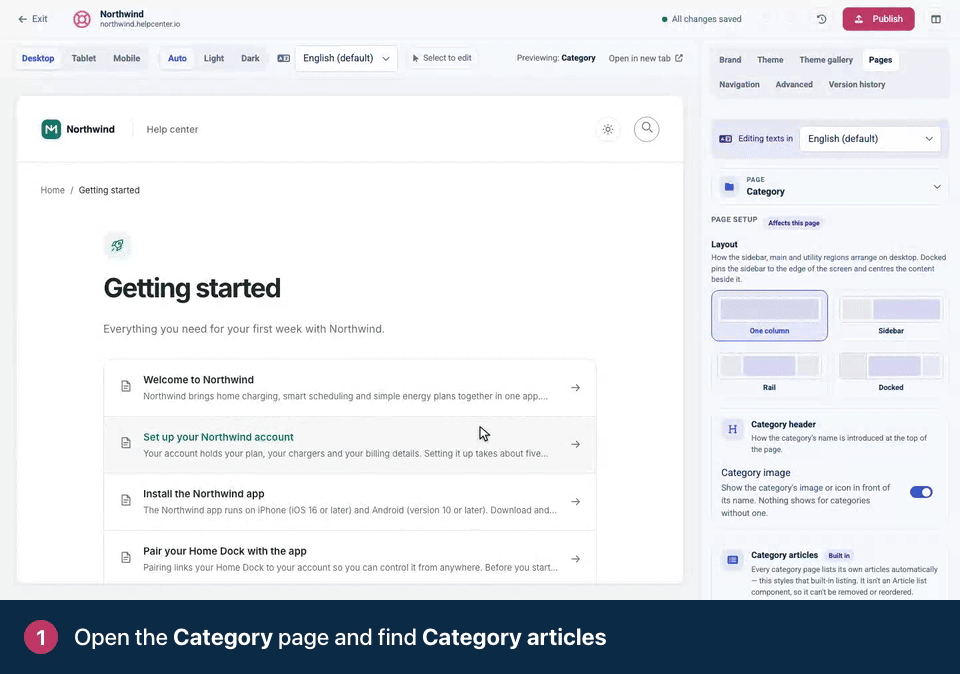 Screen recording. Open the Category page and find Category articles. Pick Alphabetically, or Custom to follow your own order. Set the Direction to A → Z.