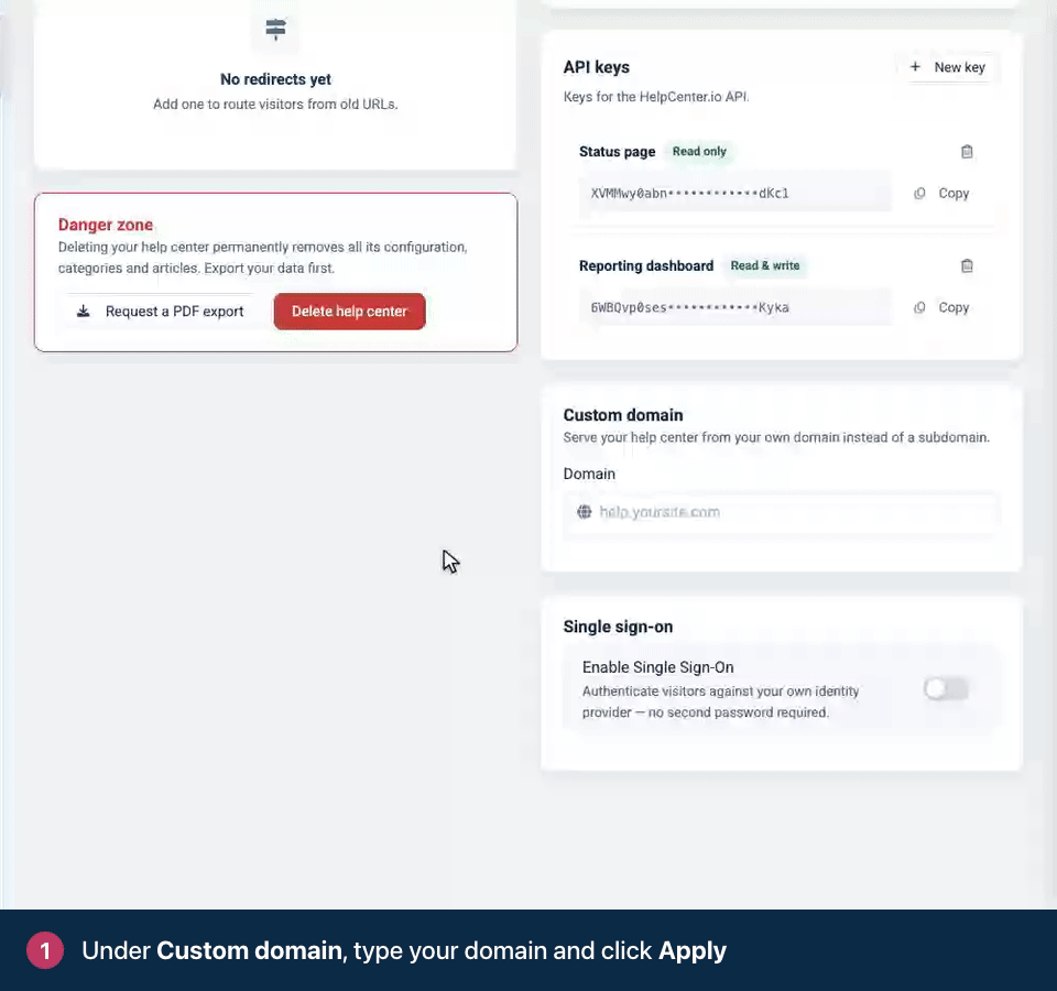 Screen recording. Under Custom domain, type your domain and click Apply. Add the CNAME record it shows with your DNS provider.
