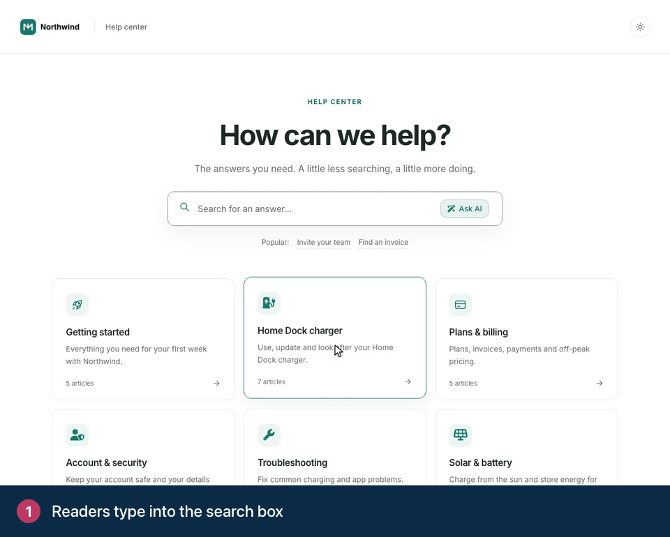 Screen recording. Readers type into the search box. Matching articles appear as they type. One click opens the article.