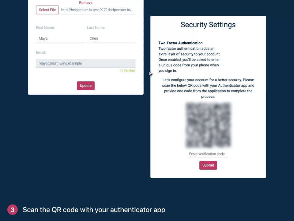 Screen recording. Type the code your app shows, then click Submit. Save your recovery codes somewhere safe.