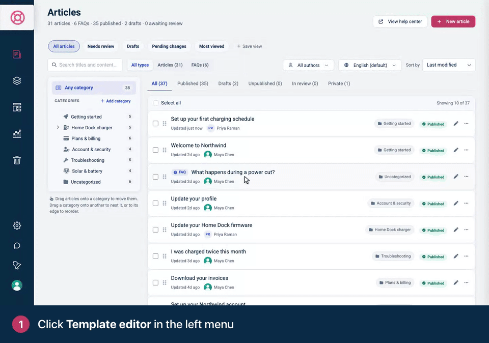 Screen recording. Click Template editor in the left menu. The preview on the left shows your draft. Settings live in the tabs on the right. Nothing changes for visitors until you Publish.