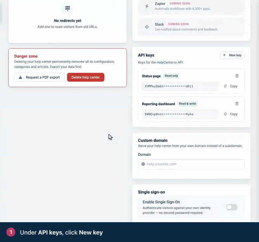 Screen recording. Under API keys, click New key. Name it after where it will be used, and pick a Scope. Click Create key, then Copy it somewhere safe.