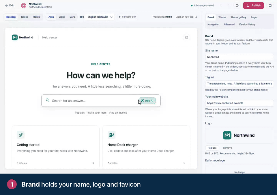 Screen recording. Brand holds your name, logo and favicon. Under Dark-mode logo, click Upload and pick a light version. Switch the preview to Dark to check it.