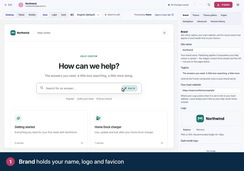Screen recording. Brand holds your name, logo and favicon. Under Dark-mode logo, click Upload and pick a light version. Switch the preview to Dark to check it.