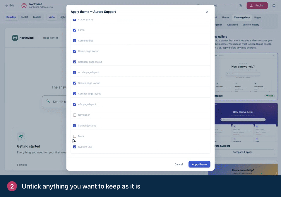 Screen recording. Click Apply theme. The preview switches to it. It is still a draft. Visitors see it after you Publish.