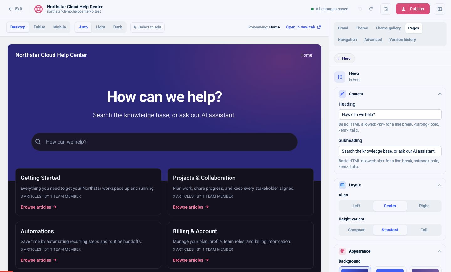 Hero component options for content, alignment, height, gradient, and text color