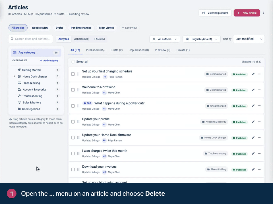 Screen recording. Open the … menu on an article and choose Delete. Confirm. It moves to Trash, where you can restore it. Open Trash and choose Restore.