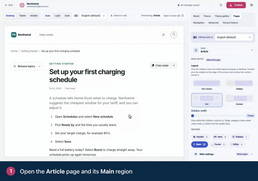 Screen recording. Open the Article page and its Main region. Click Add to "After the article" and pick Comments. The comment form appears below the article. Click Publish to put it on every article.
