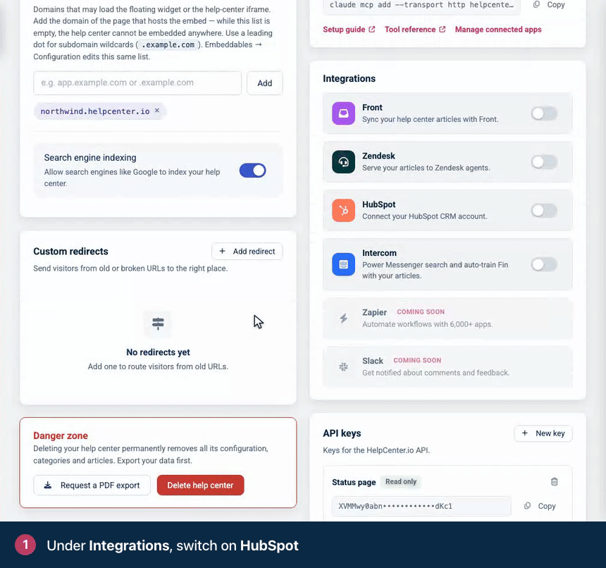Screen recording. Under Integrations, switch on HubSpot. Click Connect with OAuth. HubSpot then asks you to approve access. Or paste an Account ID and Access token, then Save.