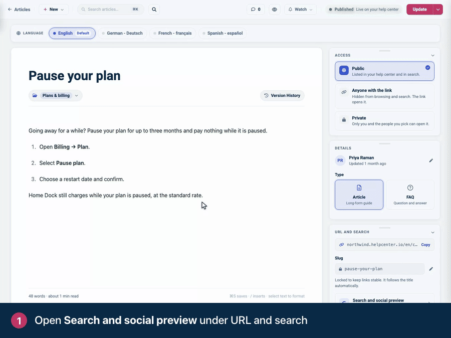 Screen recording. Open Search and social preview under URL and search. Write the title and description people see in Google. The preview shows how the result will look. Save it.