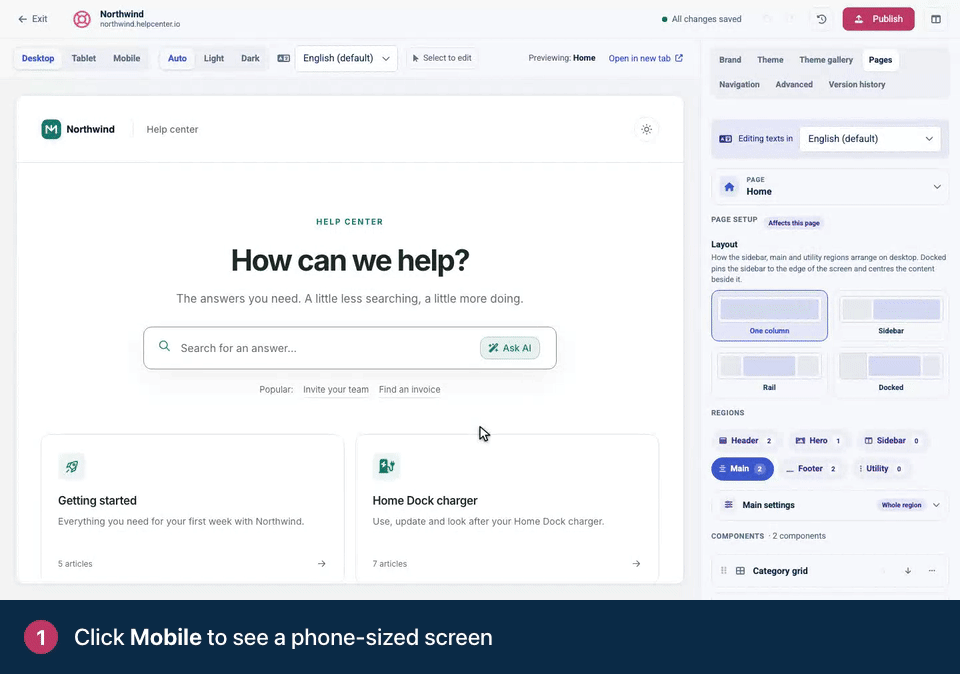Screen recording. Click Mobile to see a phone-sized screen. Click Dark to check dark mode. Tablet and Desktop work the same way.