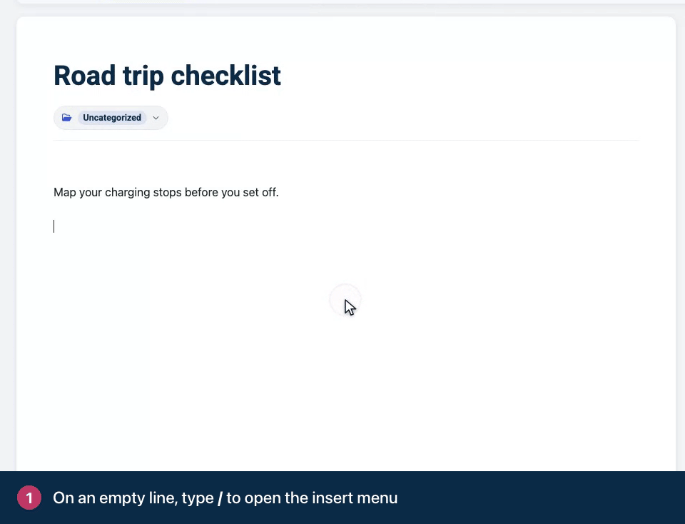 Screen recording. On an empty line, type / to open the insert menu. Type to filter the blocks, then press Enter. Add a Numbered list the same way.