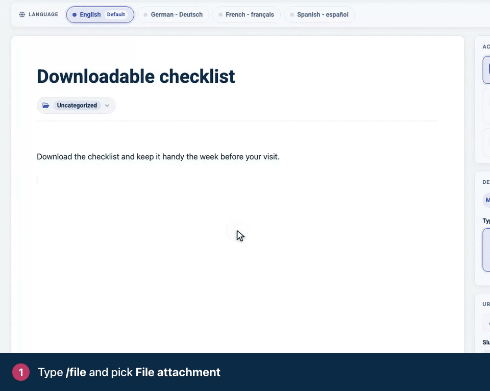 Screen recording. Type /file and pick File attachment. Click Upload new and choose a file. Click Insert to add it as a download link.