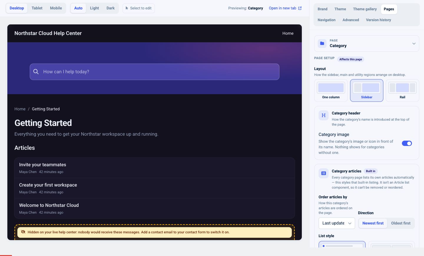 Built-in Category page settings for article order, list style, metadata, FAQs, and subcategories