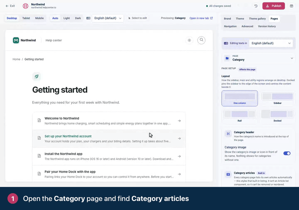 Screen recording. Open the Category page and find Category articles. Pick Alphabetically, or Custom to follow your own order. Set the Direction to A → Z.