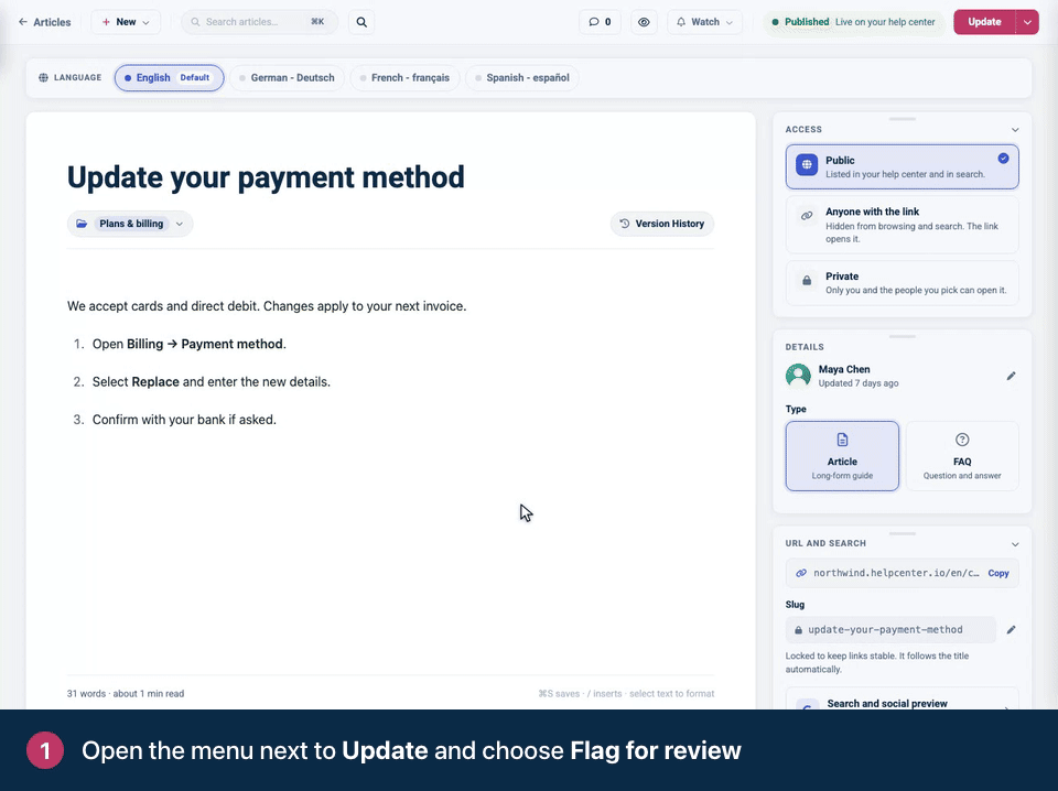 Screen recording. Open the menu next to Update and choose Flag for review. Assign a teammate and say what needs checking. Confirm. Priya gets an email, and a banner shows the request.