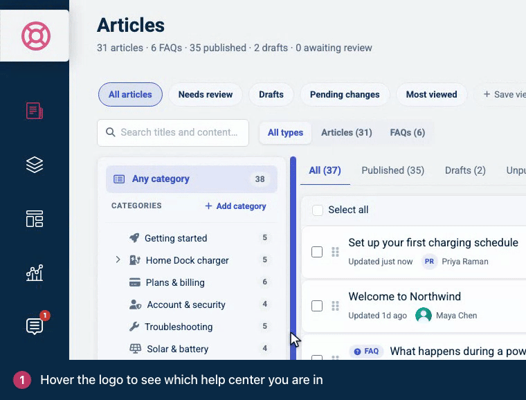 Screen recording. Hover the logo to see which help center you are in. Click the arrow to list your other help centers. Pick one. You stay in the same section there.