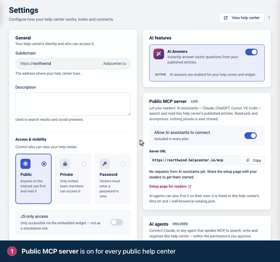 Screen recording. Public MCP server is on for every public help center. Copy the Server URL to share it. Or share the Setup page for readers, with steps for each assistant.