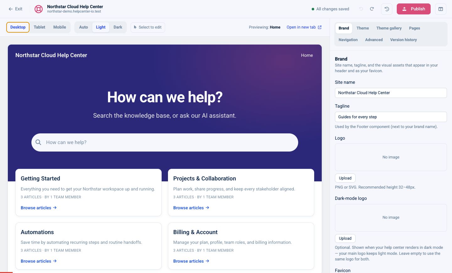 Template Editor v2 with the live help-center preview on the left and Brand settings on the right
