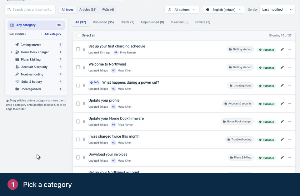 Screen recording. Pick a category. Set Sort by to Custom order. Drag articles into the order you want.