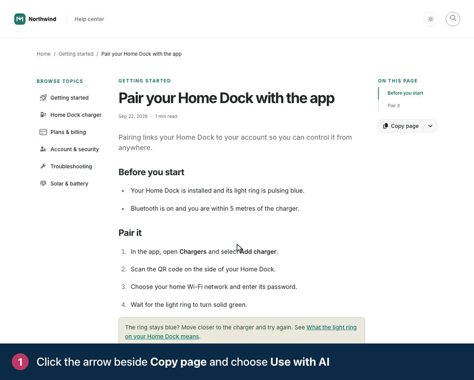 Screen recording. Click the arrow beside Copy page and choose Use with AI. Copy the Server URL and follow the steps for your assistant.