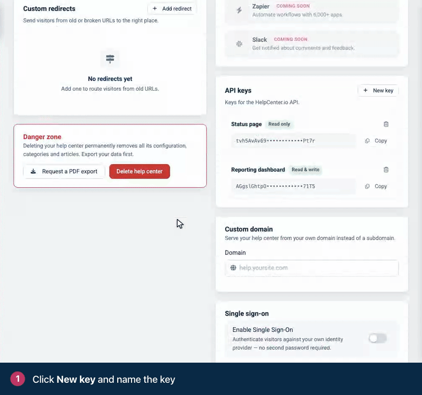 Screen recording. Click New key and name the key. Pick Read & write so the key can change and publish your design. Tick Allow access to the help center design. Click Create key. The new key carries a Design tag.