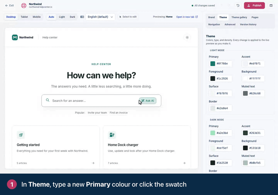 Screen recording. In Theme, type a new Primary color or click the swatch. Pick a Heading font. Make the layout roomier with Density.