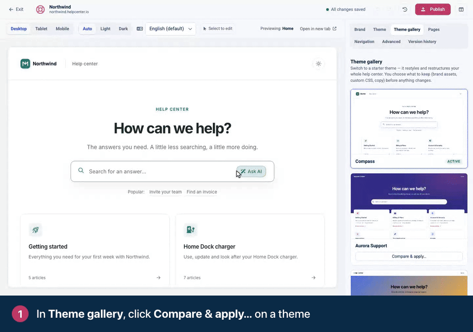 Screen recording. In Theme gallery, click Compare & apply… on a theme. Untick anything you want to keep as it is.
