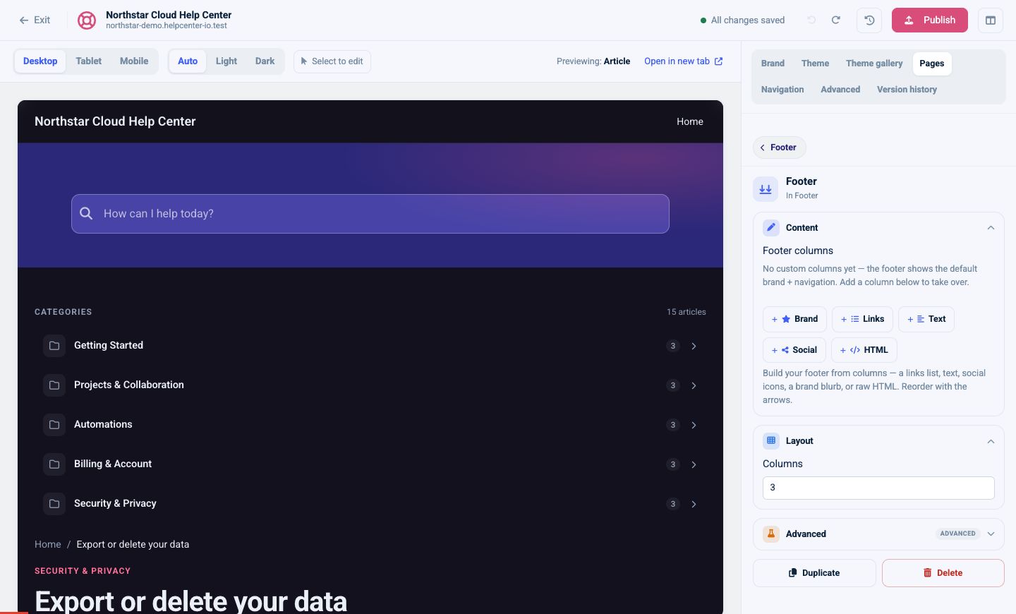 Footer component options for Brand, Links, Text, Social, and HTML columns