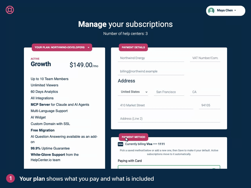 Screen recording. Your plan shows what you pay and what is included. More than one help center? Pick one next to Your plan. Click Change, then pick Yearly or Monthly. Click Choose on the new plan. It changes right away.