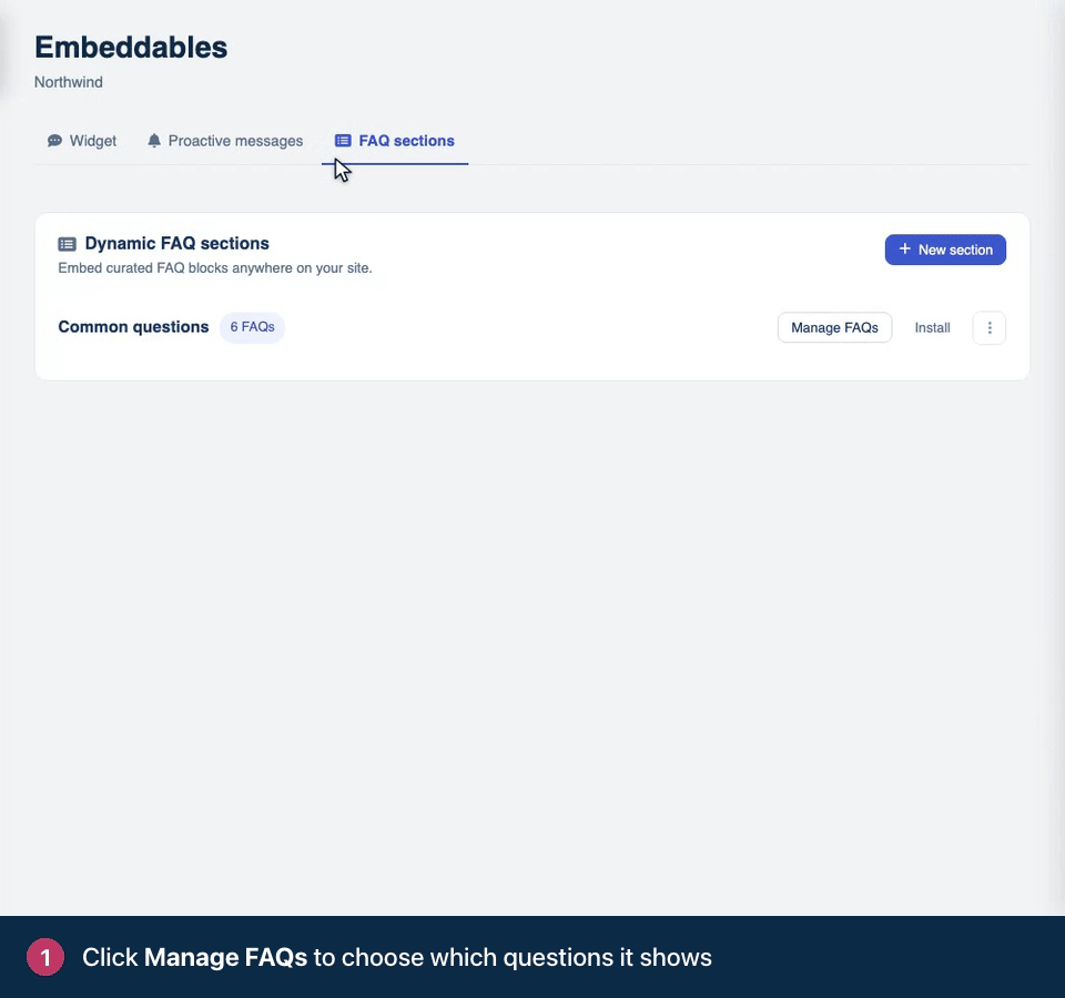 Screen recording. Click Manage FAQs to choose which questions it shows. The × on a question takes it out of the section. Search your FAQ articles and click one to add it. Click Install for the code to paste into your page.