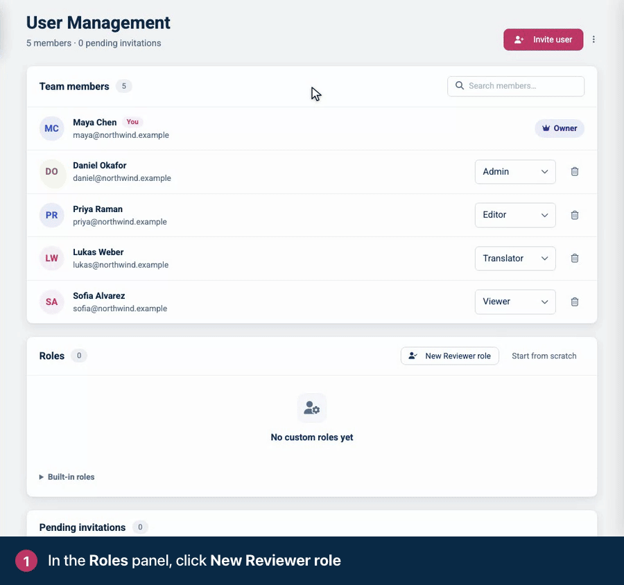 Screen recording. In the Roles panel, click New Reviewer role. Add a Description. Publish stays off, so nothing they save reaches readers. What this role can do sums it up. Click Create role.