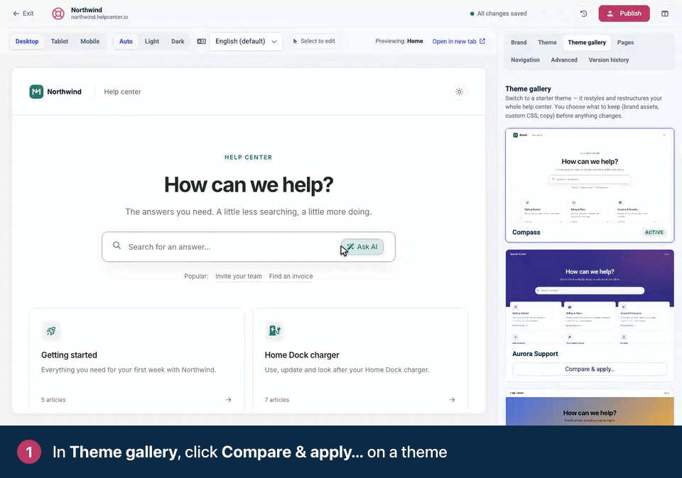 Screen recording. In Theme gallery, click Compare & apply… on a theme. Untick anything you want to keep as it is.