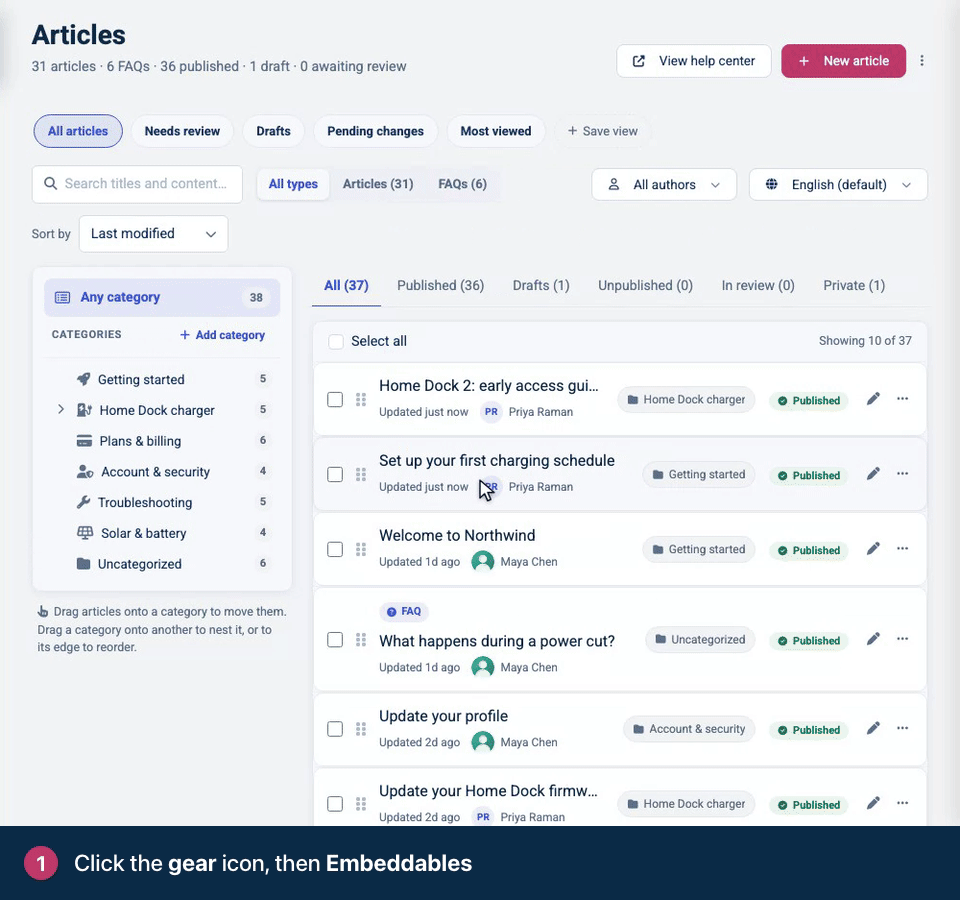 Screen recording. Click the gear icon, then Embeddables. Under Installation, click Copy. Paste it just before the closing body tag on every page of your site.