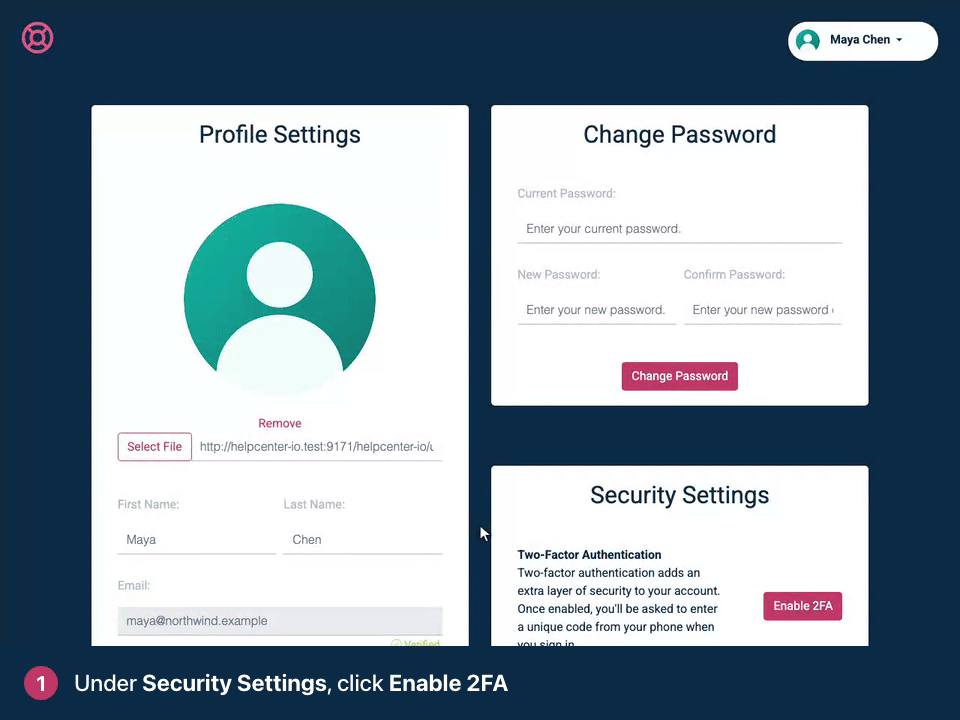 Screen recording. Under Security Settings, click Enable 2FA. Confirm your password. Scan the QR code with your authenticator app.