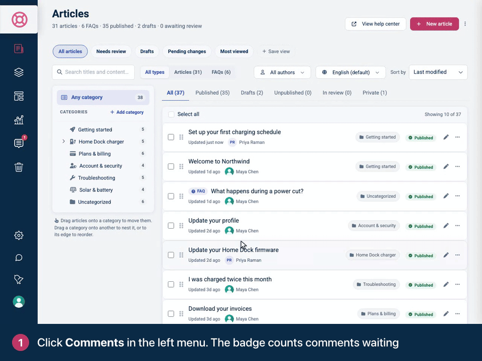 Screen recording. Click Comments in the left menu. The badge counts comments waiting. Click Approve to publish it on the article. Click Reply to answer the reader. Your reply shows under theirs.