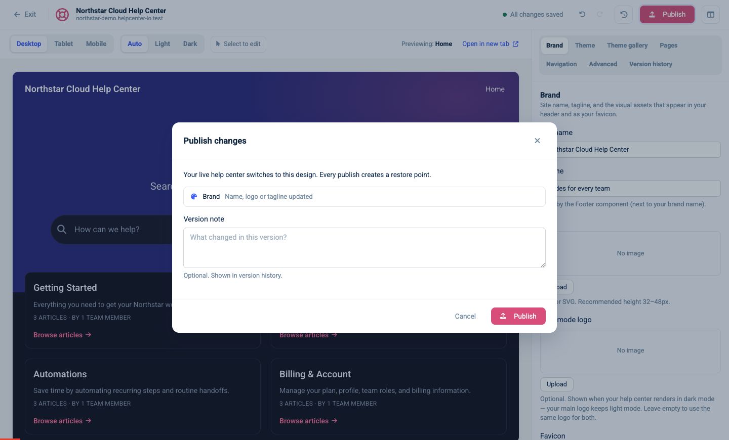 Publish dialog with a version-note field and change summary